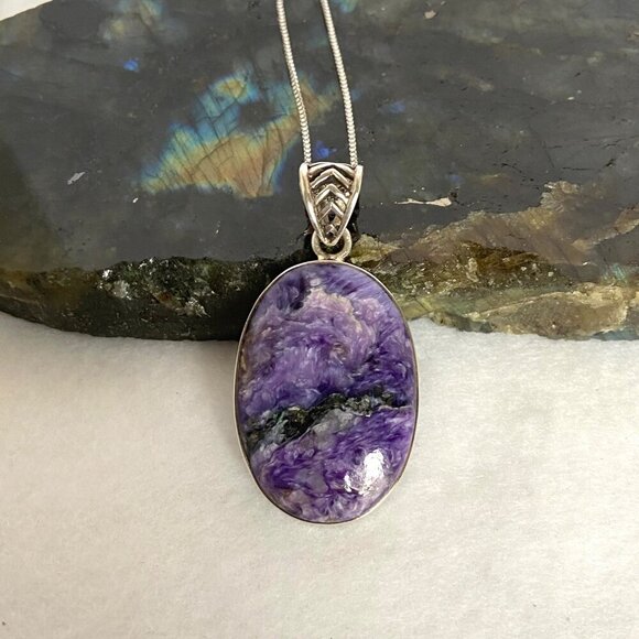 Sterling Silver 925 Oval Bezel Set Purple Charoite Pendant Necklace 22" Chain - Picture 3 of 16